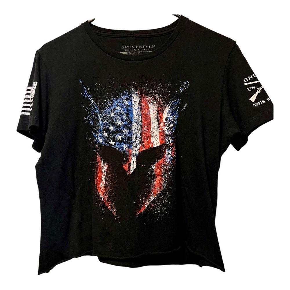 Grunt Style Black T-Shirt with American Flag Spartan Design